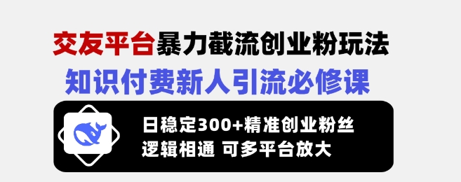 交友平台暴力截流创业粉玩法，知识付费新人引流必修课，日稳定300+精准创业粉丝，逻辑相通可多平台放大-财虎网络科技