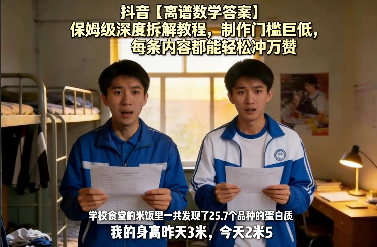 抖音【离谱数学答案】保姆级深度拆解教程,制作门槛巨低,每条内容都能轻松冲万赞,附详细步骤-财虎网络科技