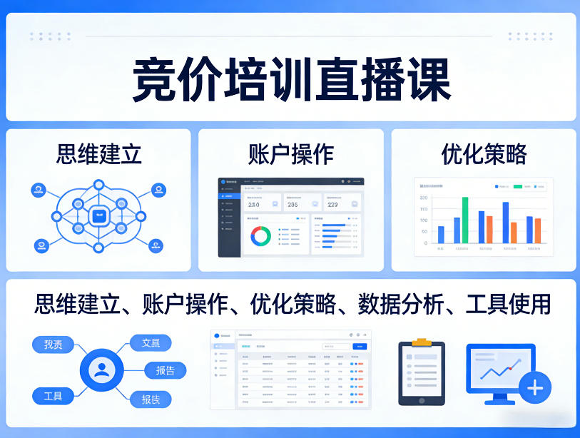 竞价培训直播课，覆盖思维建立、账户操作、优化策略、数据分析、工具使用等，全方位提升效果-财虎网络科技
