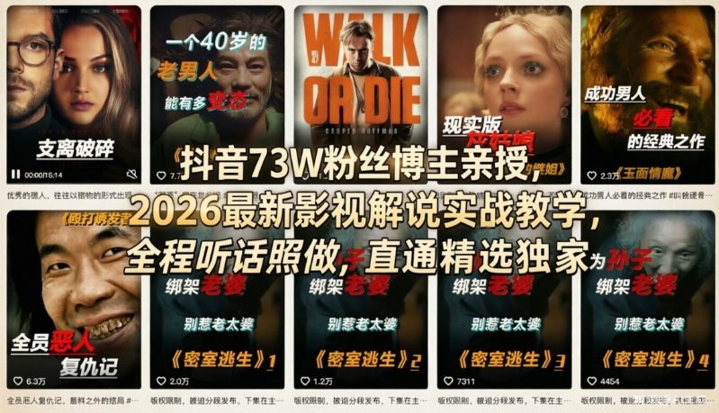 抖音73W粉丝博主亲授,2026最新影视解说实战教学,全程听话照做,直通精选独家-财虎网络科技