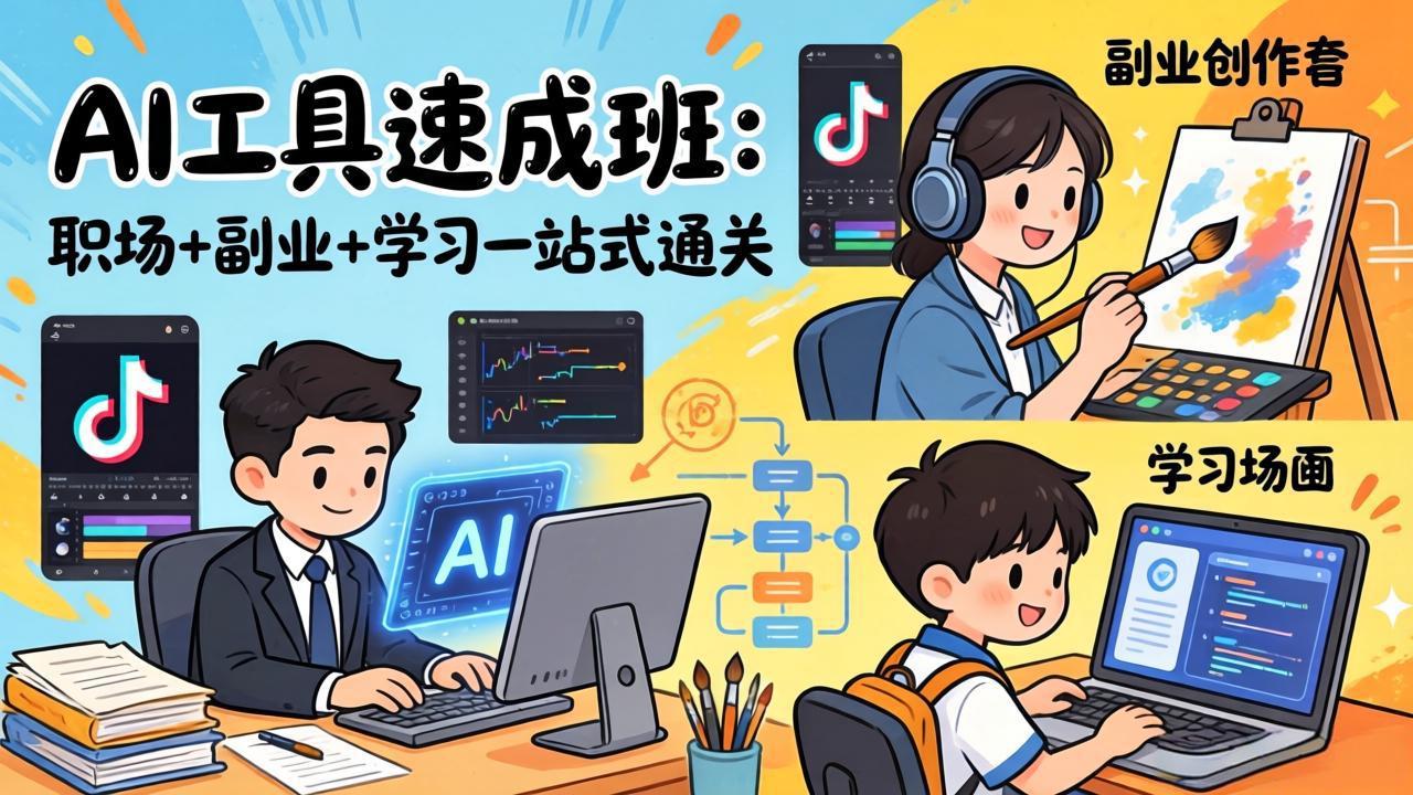 AI工具速成班：职场+副业+学习一站式通关，20+爆款类型+剪映技巧+抖音算法，0基础快速上手-财虎网络科技
