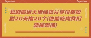短剧搬运大佬经验分享付费短剧20天撸20个(他能吃肉我们就能喝汤)-财虎网络科技