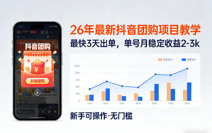 26年最新抖音团购项目教学，0门槛，最快3天出单，单号月稳定收益2-3k(更新3月11日)-财虎网络科技