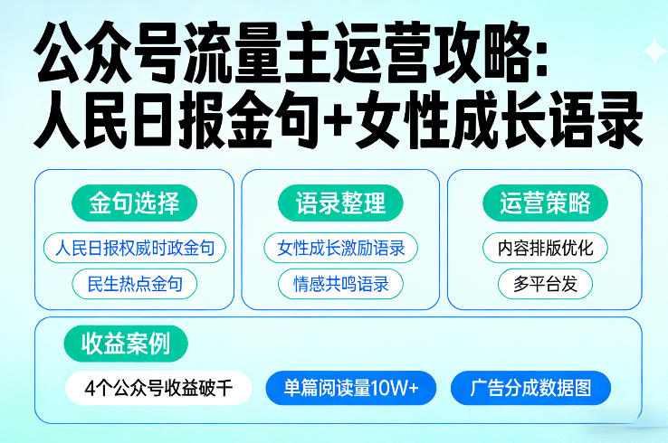 利用人民日报金句+女性成长语录做公众号流量主，4个公众号收益破千-财虎网络科技
