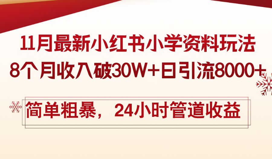 11月份最新小红书小学资料玩法，8个月收入破30W+日引流8000+，简单粗暴-财虎网络科技