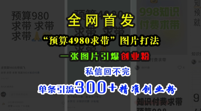 小红书“预算4980带我飞”图片打法，一张图片引爆创业粉，私信回不完，单条引流300+精准创业粉-财虎网络科技