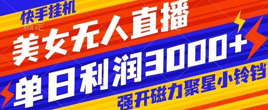 快手挂机，美女无人直播，强开磁力聚星小铃铛，日入3000+-财虎网络科技