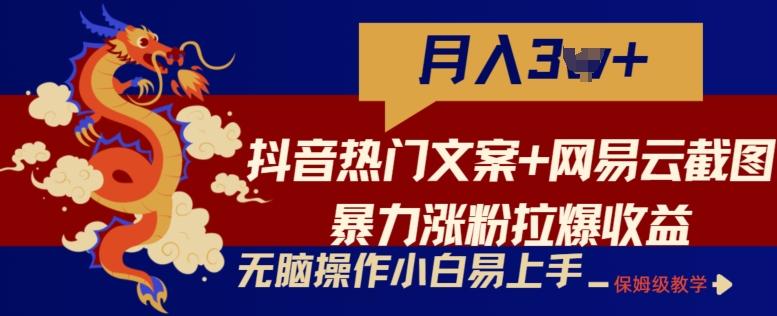 抖音热门文案+网易云截图暴力涨粉拉爆收益玩法，小白无脑操作，简单易上手【揭秘】-财虎网络科技