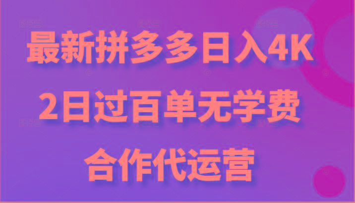 最新拼多多，日入4K+，2日过百单无学费，合作代运营-财虎网络科技